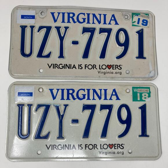 2018-19 Virginia License Plate Pair UZY-7791 ---- VIRGINIA IS FOR LOVERS - Picture 1 of 5